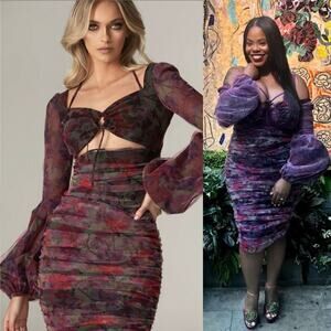 Alieva Bianca Dress Cutout Ruched Midi Floral Purple Chiffon Long Sleeve Size M